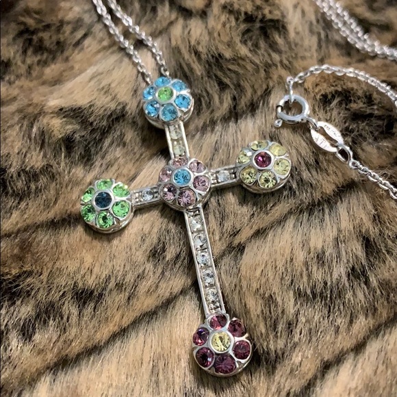 🩵💚 Colorful, gemstone cross necklace! SS-925 #A51 - Picture 2 of 7